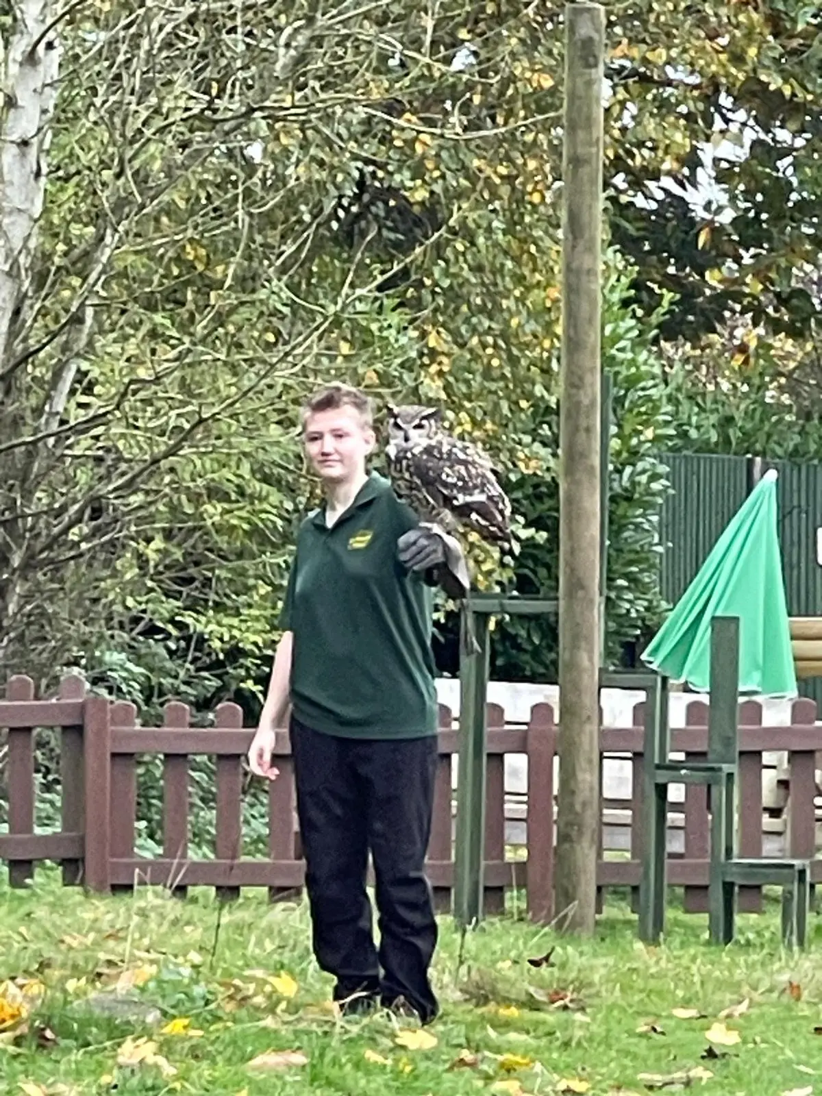 Dawn holding Teddy the owl during supervised animal-care work